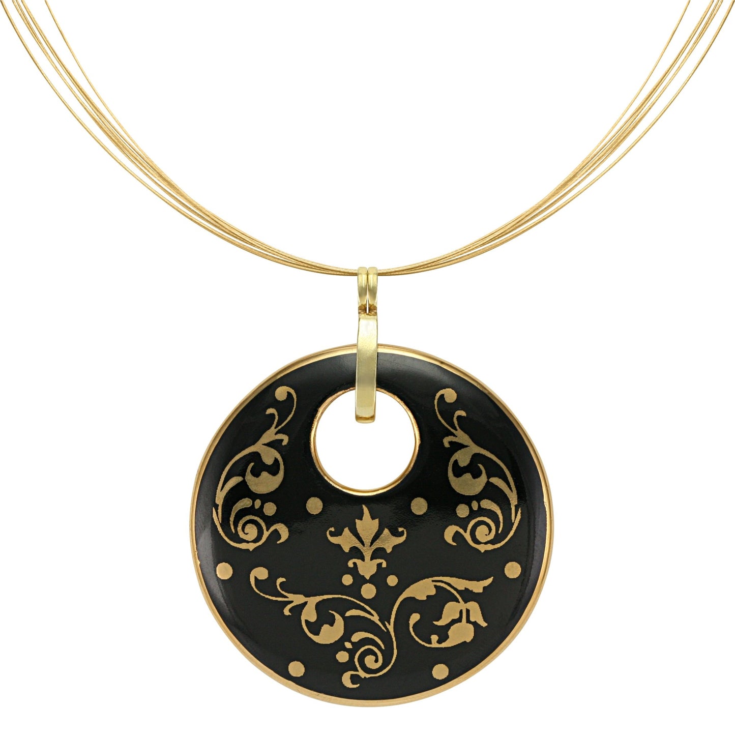 baroque black 21 k gold plated round hand painted fine porcelain pendant 52 mm