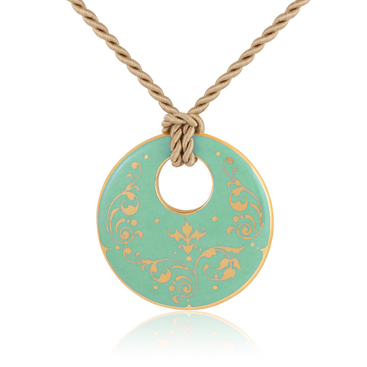 baroque mint green 21 k gold plated round hand painted fine porcelain pendant 52 mm