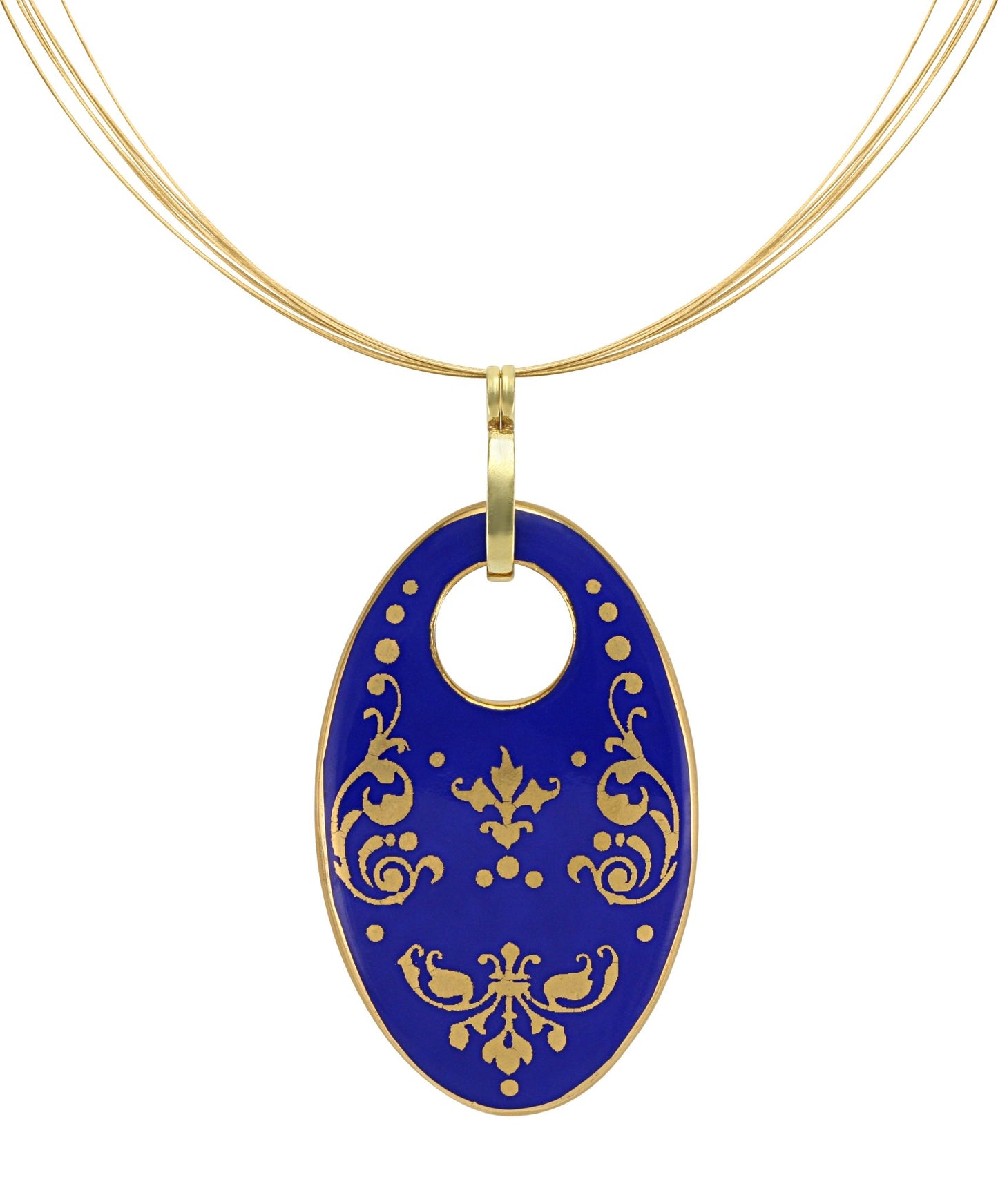 baroque royal blue 21 k gold plated oval hand painted fine porcelain pendant 62 x 40 mm
