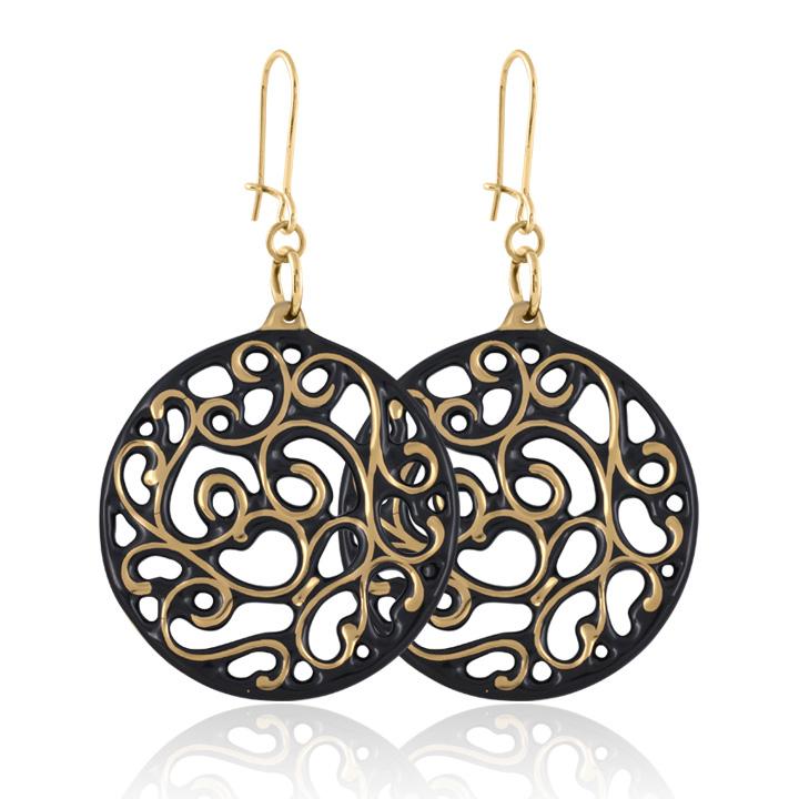 aero round black 21 k gold plated large hand painted fine porcelain dangle earring set 60 mm