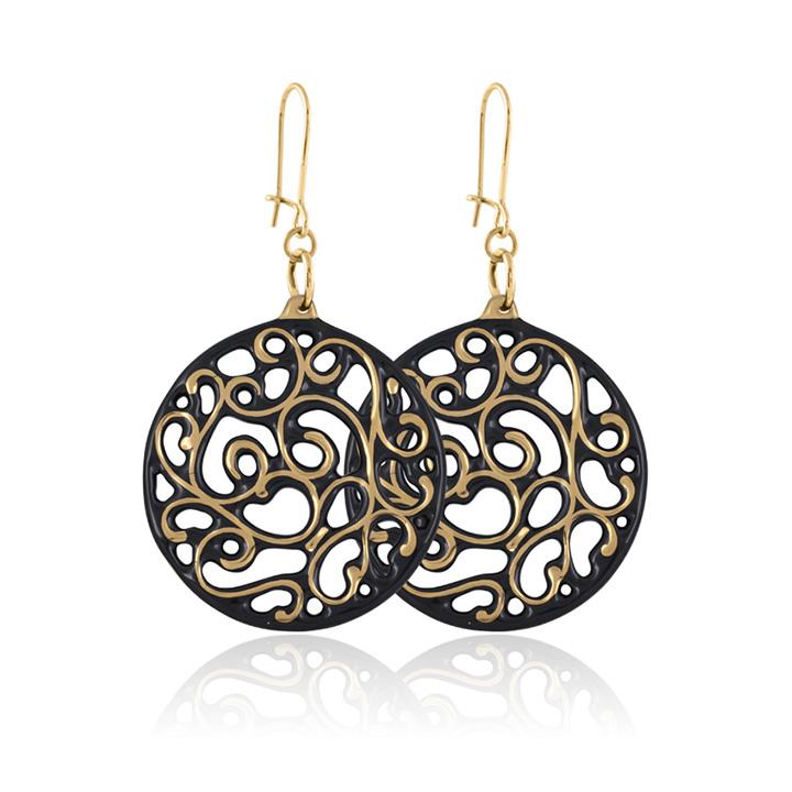 aero round black 21 k gold plated small hand painted fine porcelain dangle earring set 40 mm