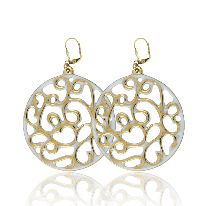 aero round white 21 k gold plated large hand painted fine porcelain dangle earring set 60 mm