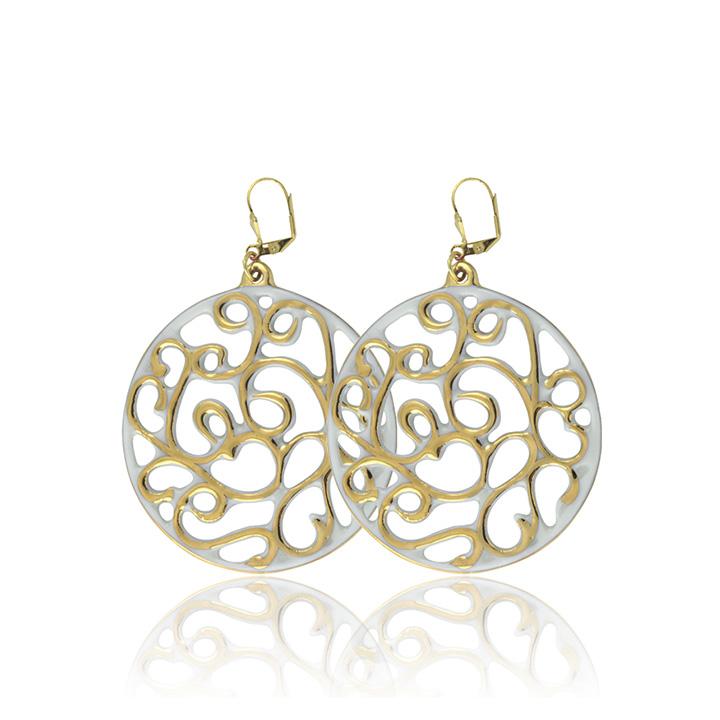 aero round white 21 k gold plated small hand painted fine porcelain dangle earring set 40 mm