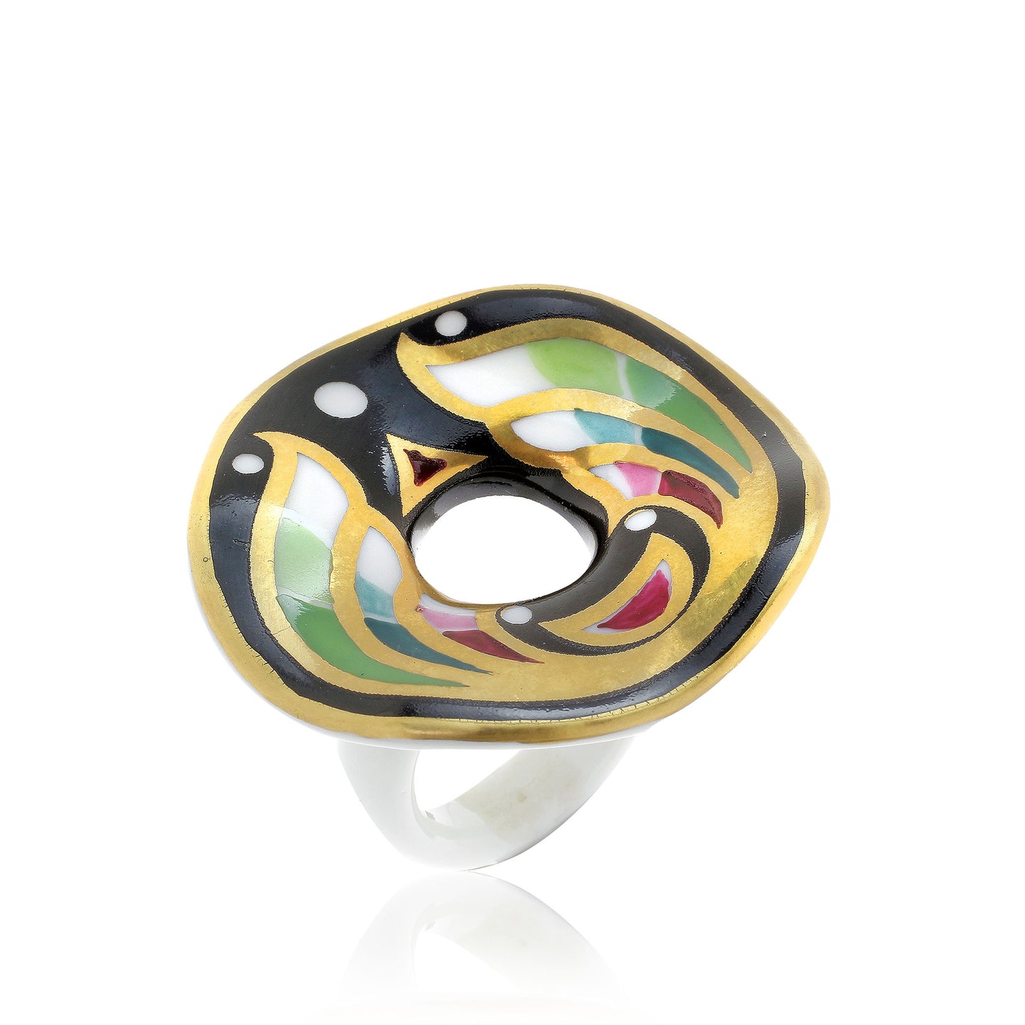 ART DECO gold plated green/black fine porcelain statement ring