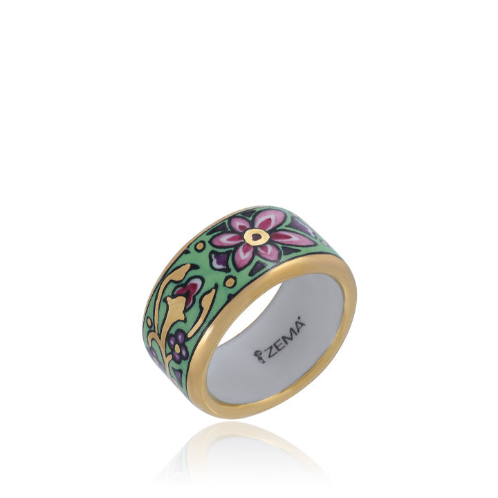 ART NOUVEAU gold plated green fine porcelain ring