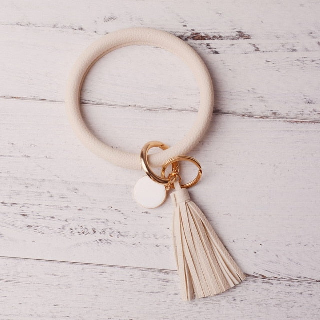 Rainbery New Fashion Multiful Tassel Keychain Enamel PU Leather O Key Chain Monogram Circle Wristlet Keychain For Women Girls