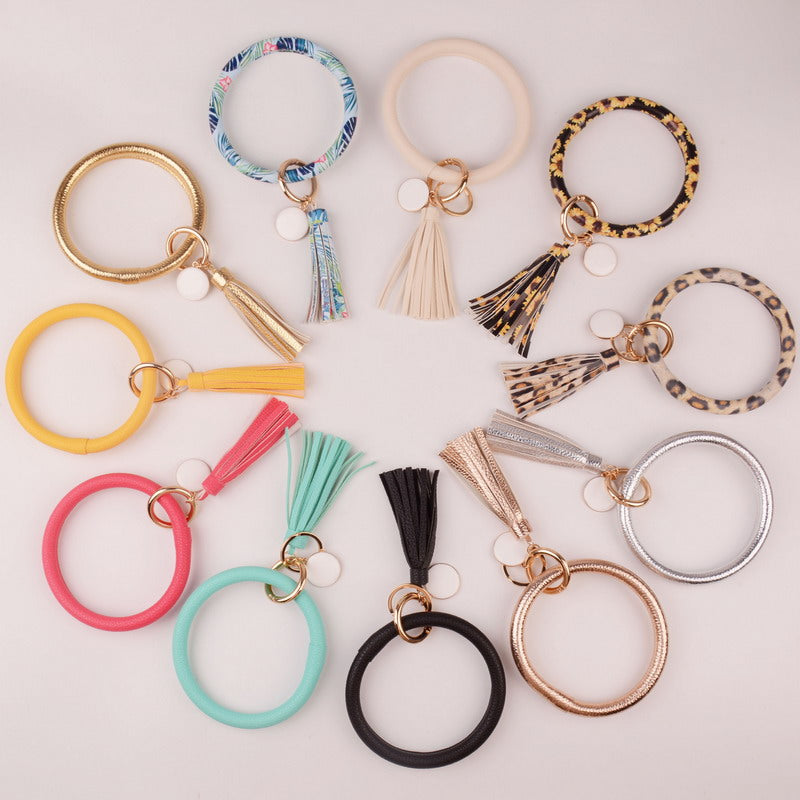 Rainbery New Fashion Multiful Tassel Keychain Enamel PU Leather O Key Chain Monogram Circle Wristlet Keychain For Women Girls