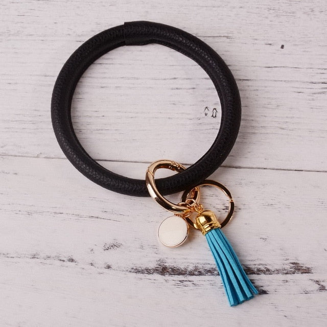 Rainbery New Fashion Multiful Tassel Keychain Enamel PU Leather O Key Chain Monogram Circle Wristlet Keychain For Women Girls