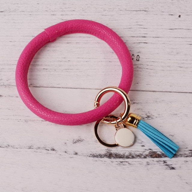 Rainbery New Fashion Multiful Tassel Keychain Enamel PU Leather O Key Chain Monogram Circle Wristlet Keychain For Women Girls