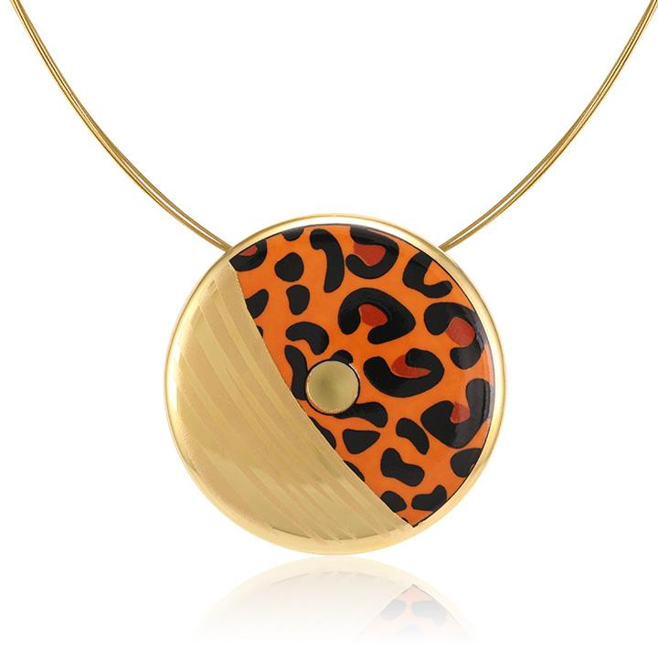 leopard patterned 21 k gold plated large hand painted fine porcelain pendant 52 mm