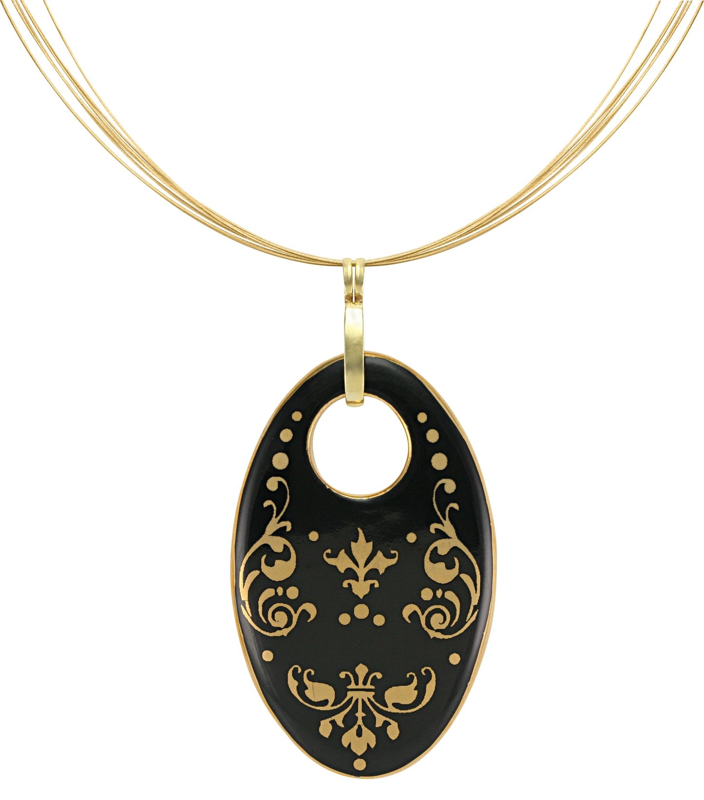 baroque black 21 k gold plated oval hand painted fine porcelain pendant 62 x 40 mm