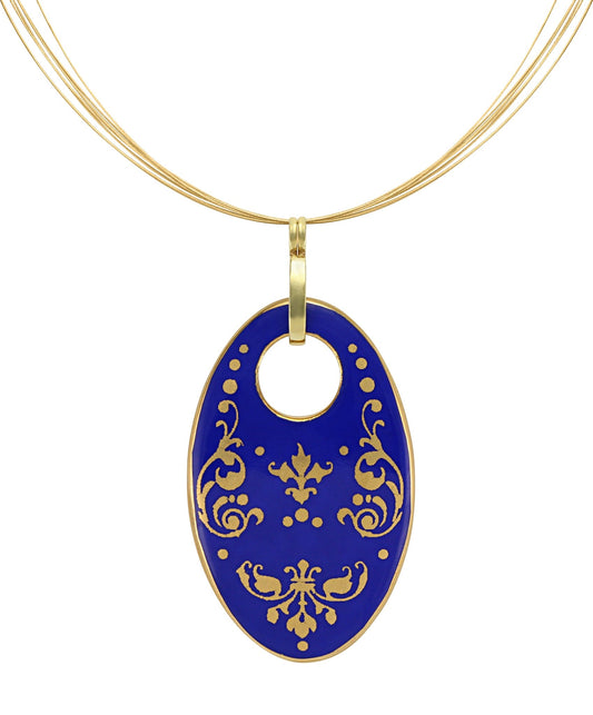 baroque royal blue 21 k gold plated oval hand painted fine porcelain pendant  62 x 40 mm