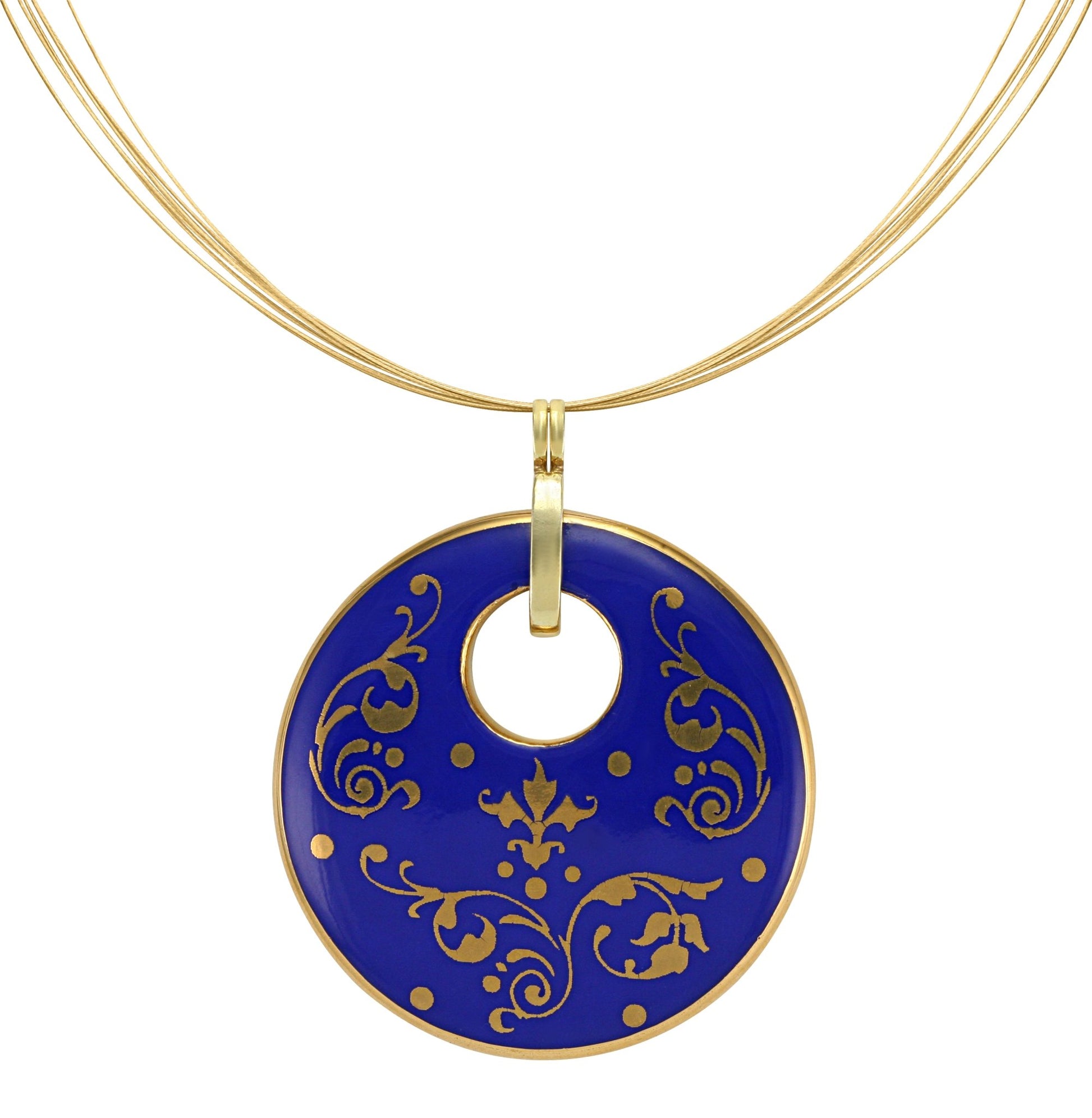 baroque royal blue 21 k gold plated round hand painted fine porcelain pendant 52 mm