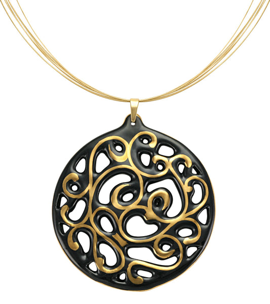 aero round black 21 k gold plated large hand painted fine porcelain pendant with necklace 60 mm