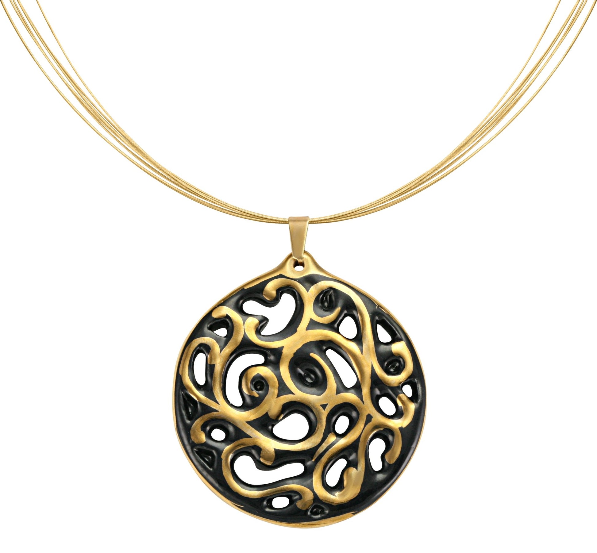 aero round black 21 k gold plated small hand painted fine porcelain pendant with necklace 40 mm