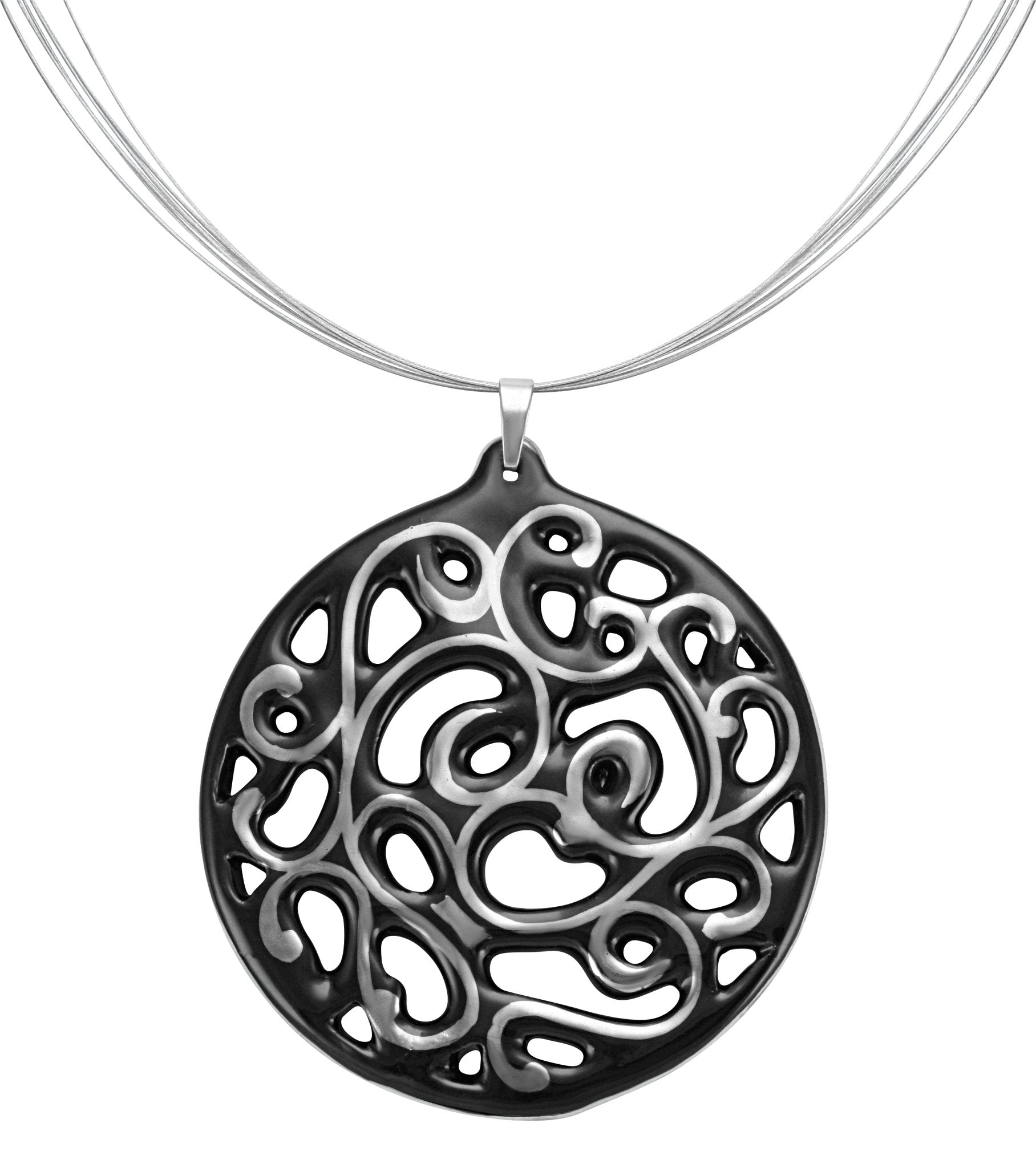 aero round black 23 k platinum plated large hand painted fine porcelain pendant with necklace 60 mm