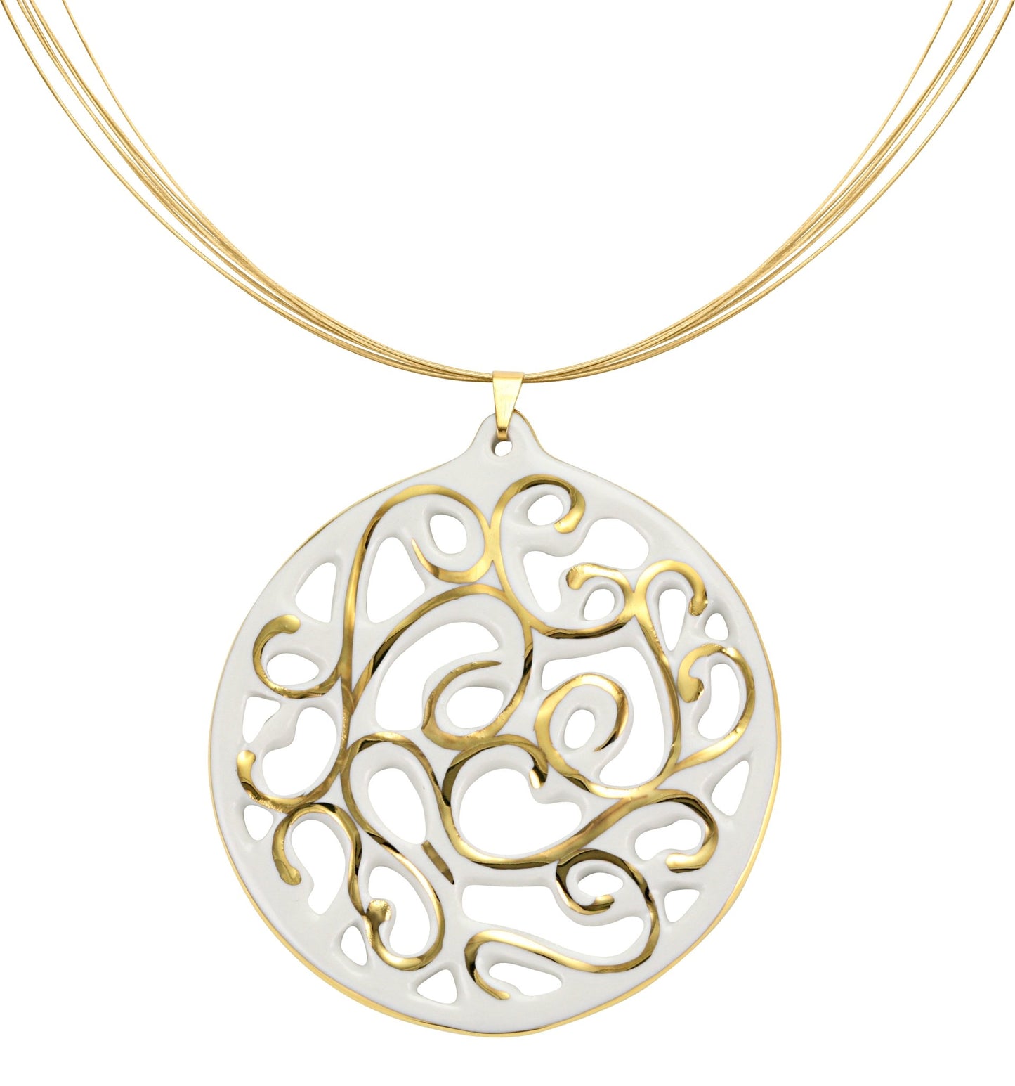 aero round white 21 k gold plated large hand painted fine porcelain pendant with necklace 60 mm