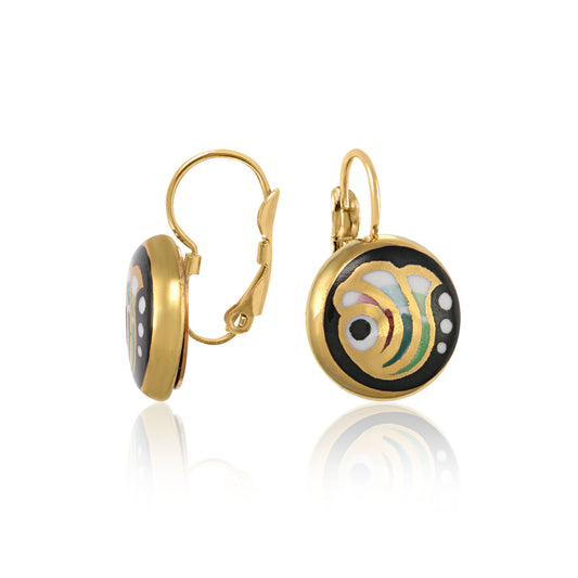 ART DECO gold plated green/black fine porcelain dangle earring set