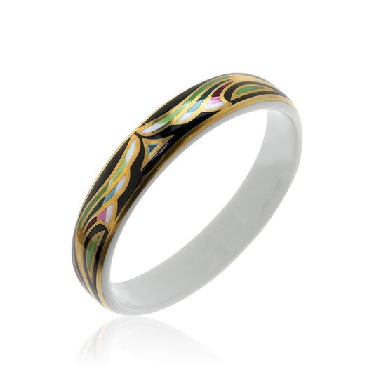 ART DECO gold plated green/black slim fine porcelain bracelet