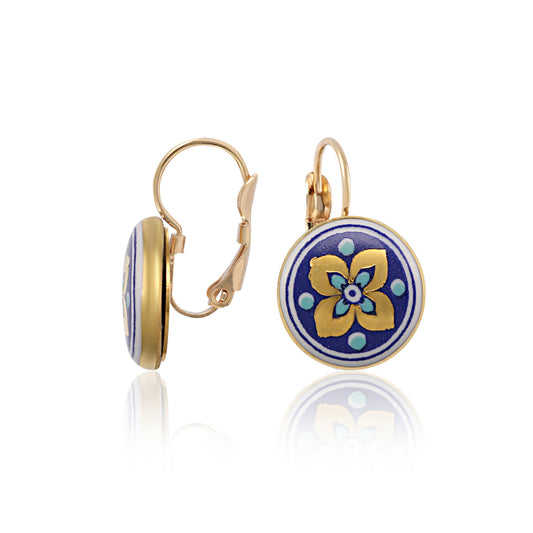 GOLD OF DESERT gold plated flowery blue fine porcelain dangle earring set