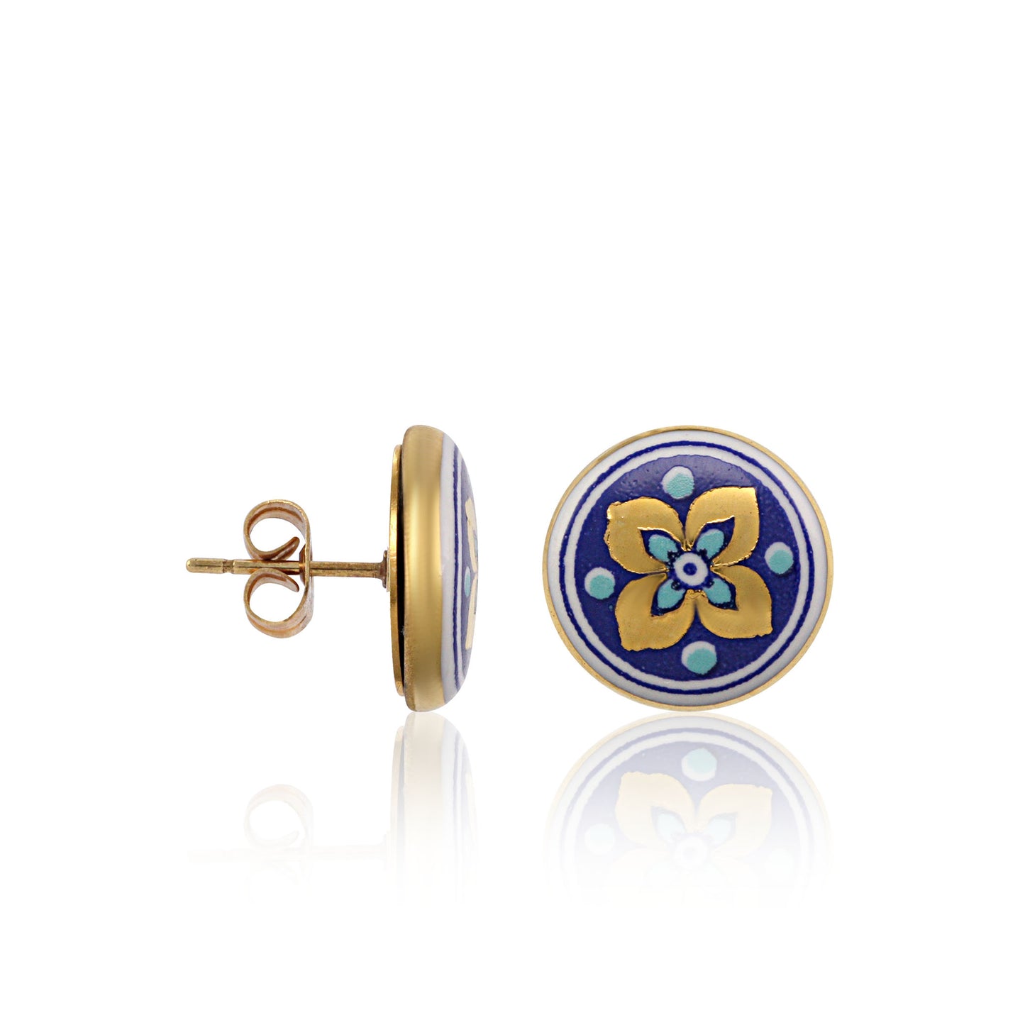 GOLD OF DESERT gold plated flowery blue fine porcelain spot earring set