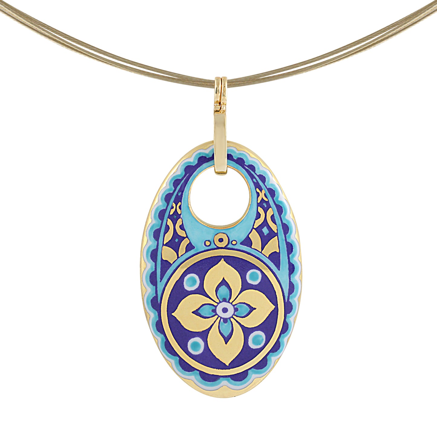 GOLD OF DESERT gold plated flowery blue oval fine porcelain pendant