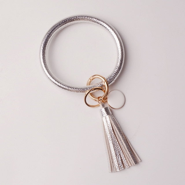 Rainbery New Fashion Multiful Tassel Keychain Enamel PU Leather O Key Chain Monogram Circle Wristlet Keychain For Women Girls